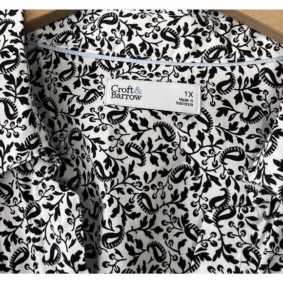 Croft & Barrow Button Up Shirt Plus Size 1X Black White Paisley Preppy Career - Picture 9 of 14